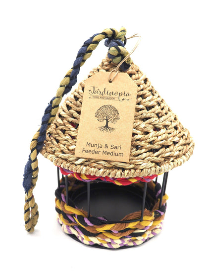 Munja And Reclaimed Fabric Eco Hanging Bird Feeder With Removable Metal Base - Medium