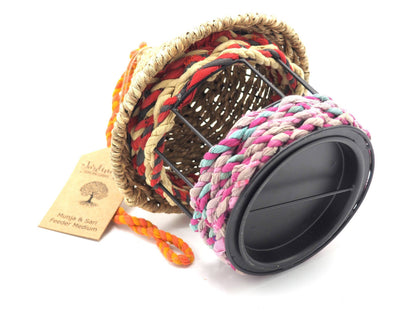 Munja And Reclaimed Fabric Eco Hanging Bird Feeder With Removable Metal Base - Medium