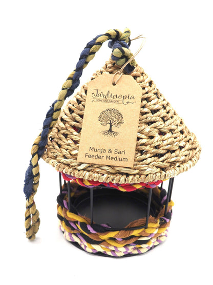 Munja And Reclaimed Fabric Eco Hanging Bird Feeder With Removable Metal Base - Medium