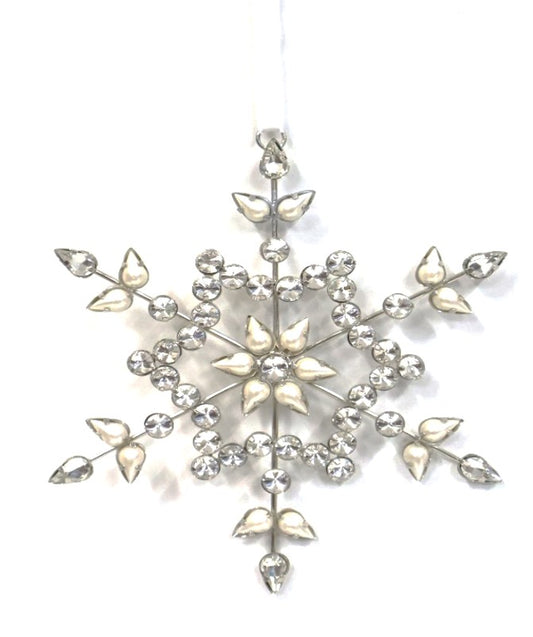 AUSTRIAN GLASS AND PEARL BEADED HANGING SNOWFLAKE ON WHITE VELVET RIBBON LOOP