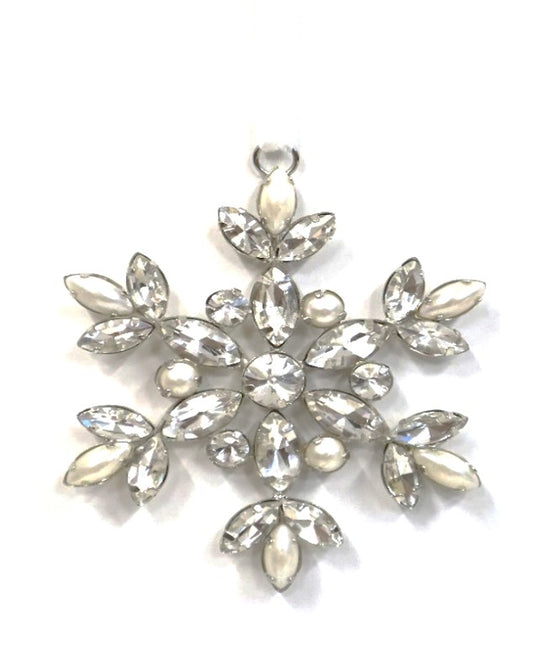 AUSTRIAN GLASS AND PEARL HANGING SNOWFLAKE ON WHITE VELVET RIBBON LOOP