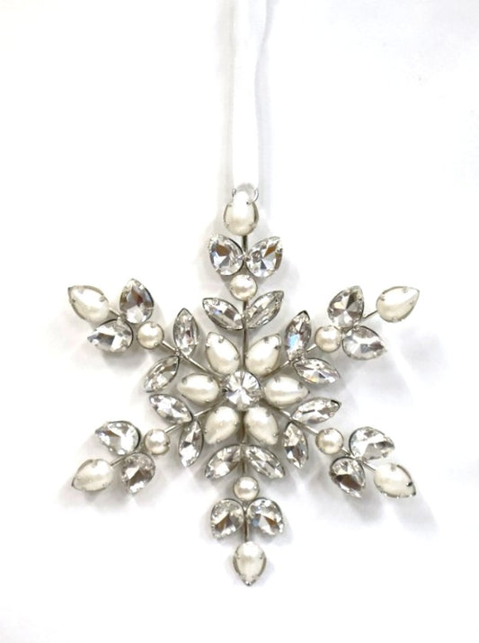 AUSTRIAN GLASS AND PEARL HANGING SNOWFLAKE ON WHITE VELVET RIBBON LOOP