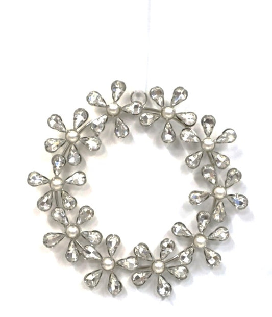 AUSTRIAN GLASS AND PEARL HANGING WREATH ON WHITE VELVET RIBBON LOOP