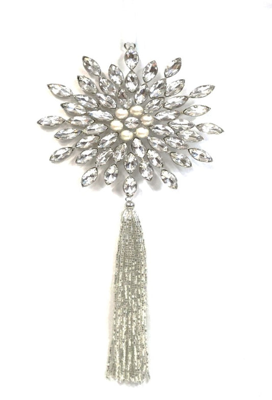AUSTRIAN GLASS AND PEARL SNOWFLAKE WITH ACRYLIC TASSLE ON WHITE VELVET RIBBON LOOP