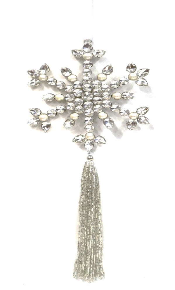 AUSTRIAN GLASS AND PEARL SNOWFLAKE WITH ACRYLIC TASSLE ON WHITE VELVET RIBBON LOOP