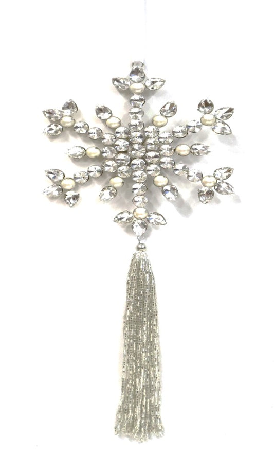 AUSTRIAN GLASS AND PEARL SNOWFLAKE WITH ACRYLIC TASSLE ON WHITE VELVET RIBBON LOOP