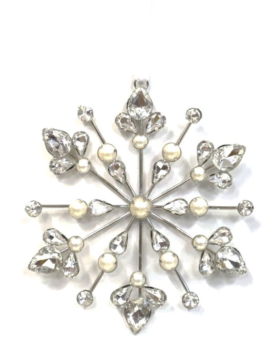 AUSTRIAN GLASS AND PEARL HANGING SNOWFLAKE ON WHITE VELVET RIBBON LOOP