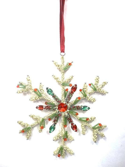 ACRYLIC BEADED JUTE SNOWFLAKE IN TWO COLOURS ON RED VELVET RIBBON
