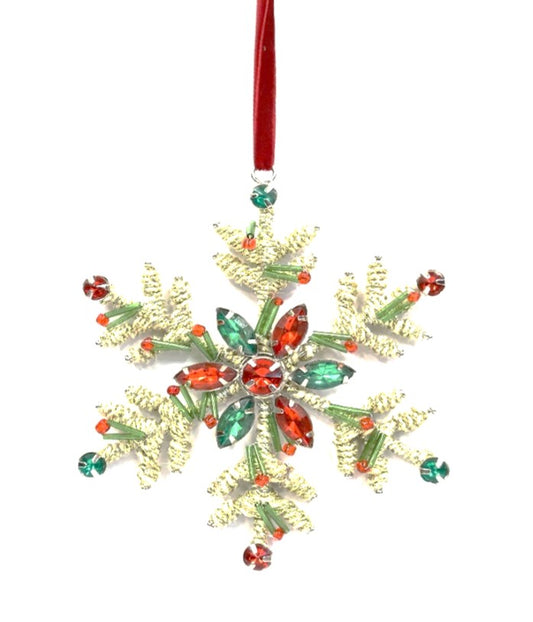 ACRYLIC BEADED JUTE SNOWFLAKE IN TWO COLOURS ON RED VELVET RIBBON