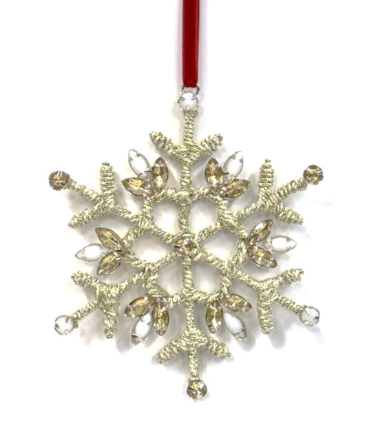 ACRYLIC BEADED JUTE SNOWFLAKE IN TWO COLOURS ON RED VELVET RIBBON