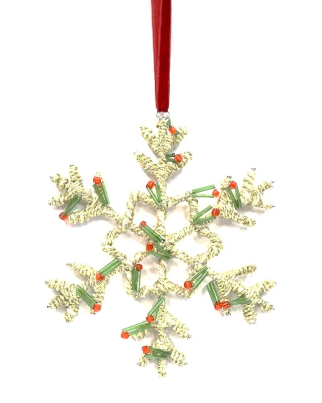 ACRYLIC BEADED JUTE SNOWFLAKE IN TWO COLOURS ON RED VELVET RIBBON