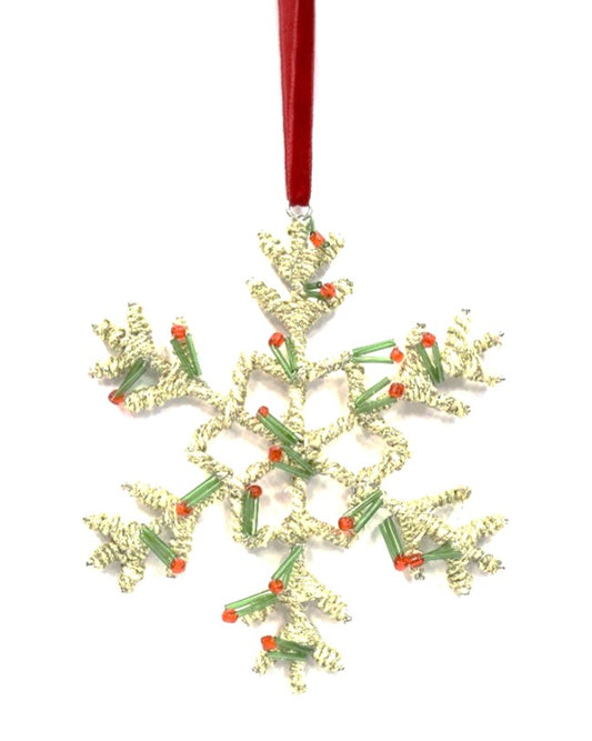 ACRYLIC BEADED JUTE SNOWFLAKE IN TWO COLOURS ON RED VELVET RIBBON