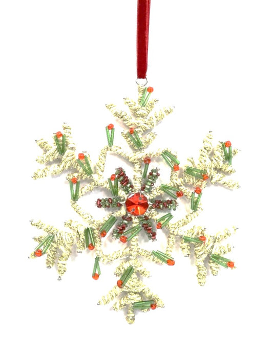 ACRYLIC BEADED JUTE SNOWFLAKE IN TWO COLOURS ON RED VELVET RIBBON