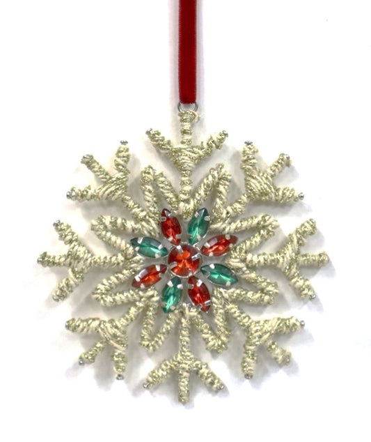 ACRYLIC BEADED JUTE SNOWFLAKE IN TWO COLOURS ON RED VELVET RIBBON