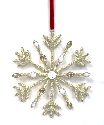ACRYLIC BEADED JUTE SNOWFLAKE IN TWO COLOURS ON RED VELVET RIBBON