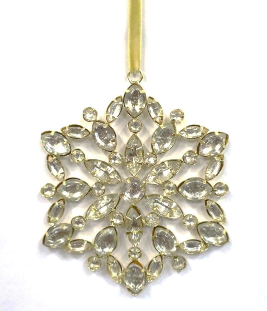 INDIAN GLASS SNOWFLAKE ON GOLD VELVET RIBBON LOOP