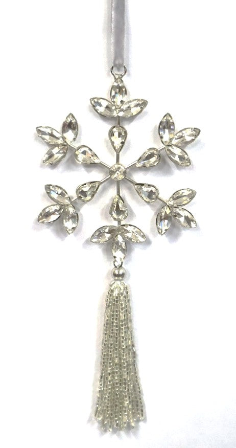 INDIAN GLASS HANGING SNOWFLAKE ON SILVER VELVET LOOP WITH ACRYLIC TASSEL