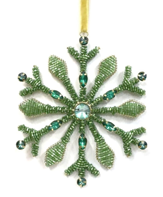 INDIAN GLASS BEADED SNOWFLAKE ON GOLD VELVET RIBBON LOOP