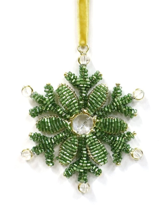 INDIAN GLASS BEADED SNOWFLAKE ON GOLD VELVET RIBBON LOOP