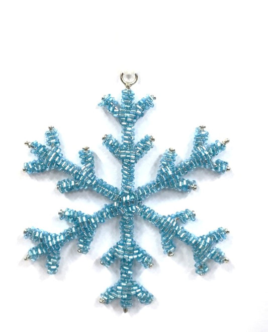 INDIAN GLASS BEADED SNOWFLAKE ON WHITE VELVET RIBBON LOOP