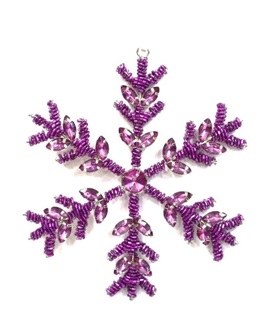 INDIAN GLASS BEADED SNOWFLAKE ON WHITE VELVET RIBBON LOOP