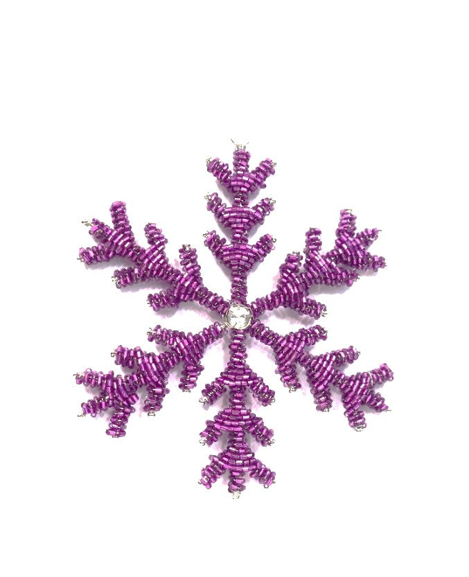 INDIAN GLASS BEADED SNOWFLAKE ON WHITE VELVET RIBBON LOOP
