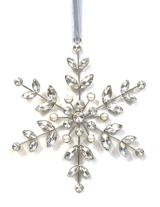 AUSTRIAN GLASS AND PEARL SNOWFLAKE ON SILVER VELVET RIBBON LOOP