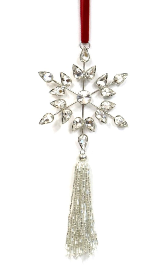 AUSTRIAN GLASS SNOWFLAKE WITH ACRYLIC TASSLE ON RED VELVET RIBBON LOOP