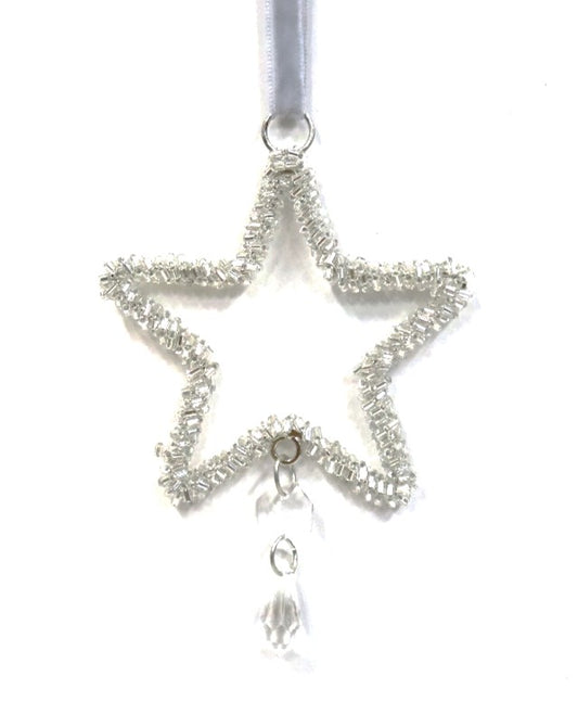 INDIAN GLASS AND ACRYLIC BEAD STAR ON SILVER VELVET LOOP WITH DROPLETS