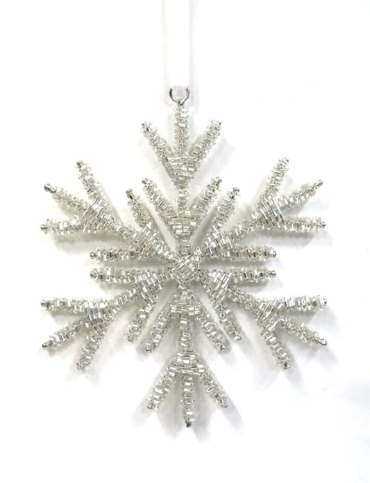 INDIAN GLASS BEADED SNOWFLAKE ON WHITE VELVET RIBBON LOOP