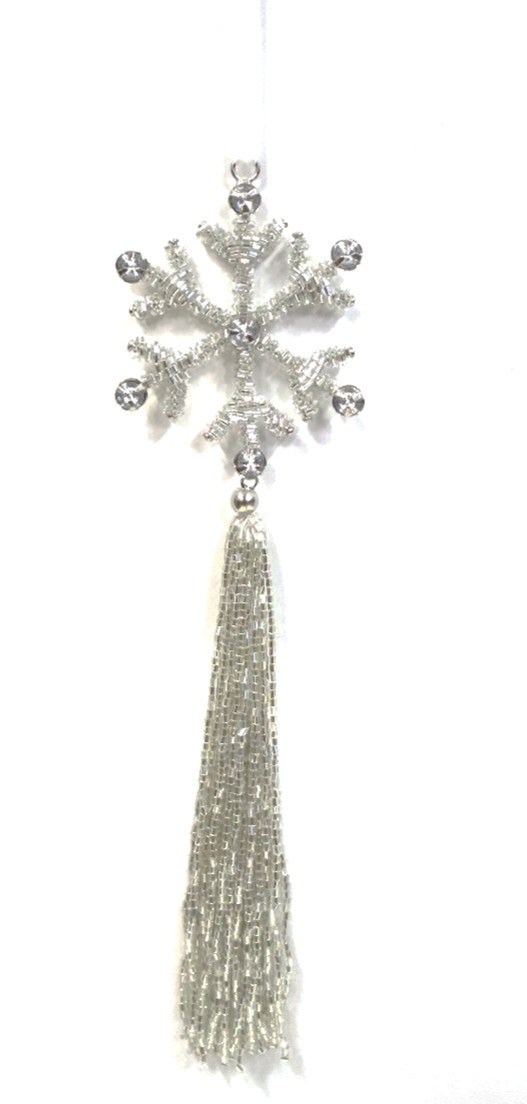 INDIAN BEADED GLASS SNOWFLAKE ON WHITE VELVET RIBBON LOOP WITH ACRYLIC TASSEL