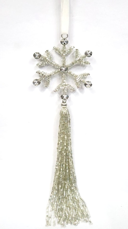 INDIAN BEADED GLASS SNOWFLAKE ON WHITE VELVET RIBBON LOOP WITH ACRYLIC TASSEL