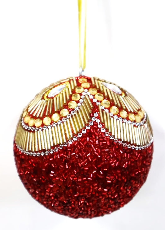 INDIAN GLASS BEADED BAUBLE WITH GOLD VELVET RIBBON LOOP