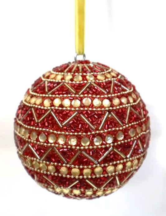 INDIAN GLASS BEADED BAUBLE WITH GOLD VELVET RIBBON LOOP
