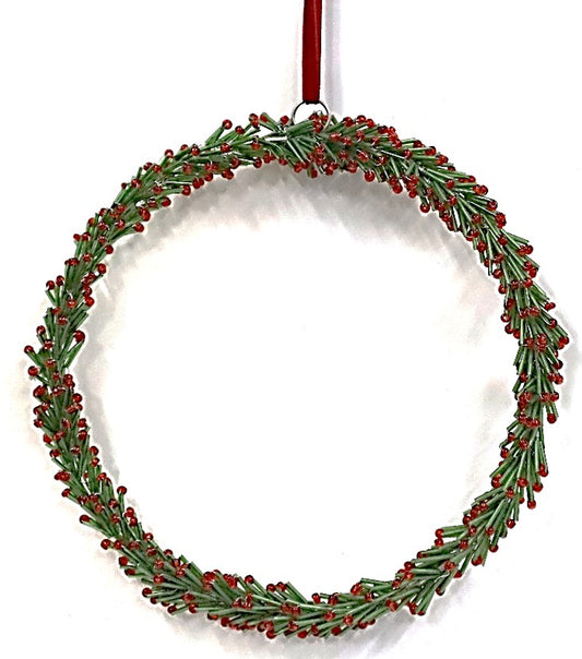 INDIAN GLASS BEADED TWO COLOUR WREATH ON RED VELVET RIBBON LOOP - Large 20cm