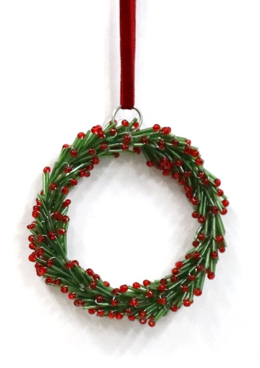 INDIAN GLASS BEADED TWO COLOUR WREATH ON RED VELVET RIBBON LOOP - Small 10cm