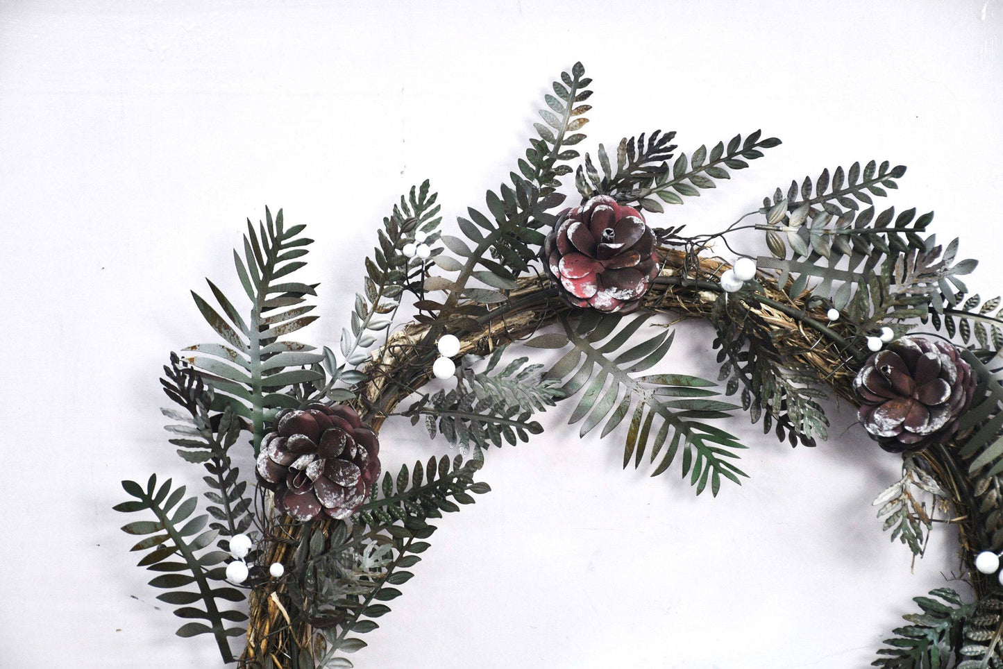 Christmas Artisan Fairtrade Metal Pine Cone and Leaf Wreath Door Decoration