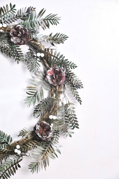 Christmas Artisan Fairtrade Metal Pine Cone and Leaf Wreath Door Decoration