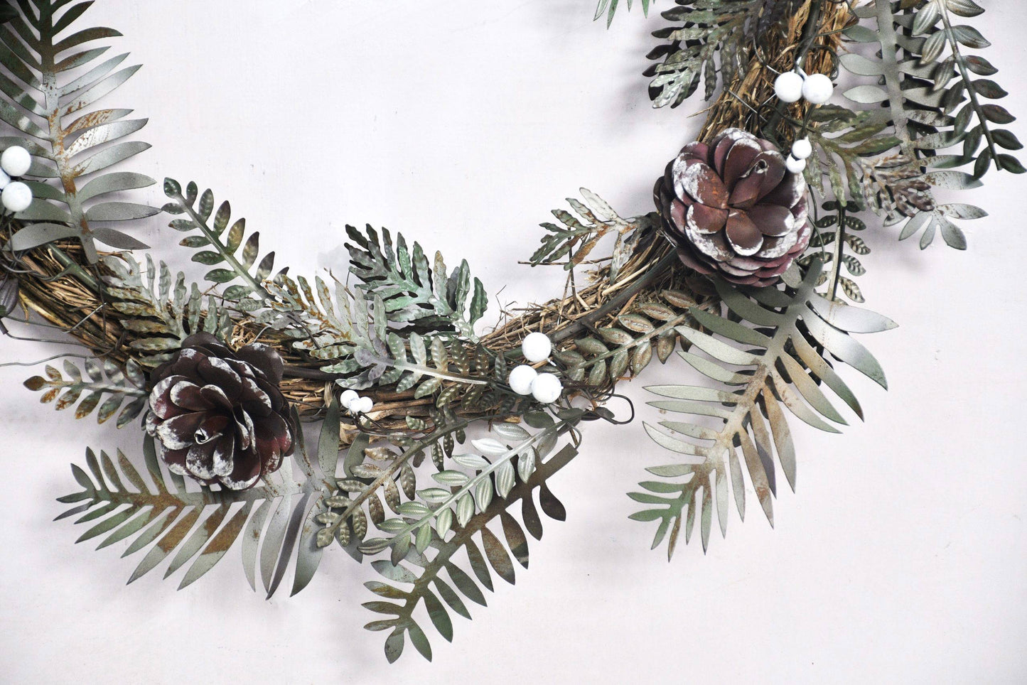 Christmas Artisan Fairtrade Metal Pine Cone and Leaf Wreath Door Decoration
