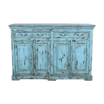 Antique Indian 1930s Teak Wood Kitchen Dresser Base – Distressed Blue Cupboard
