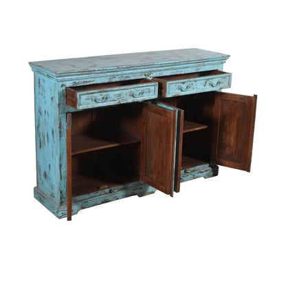 Antique Indian 1930s Teak Wood Kitchen Dresser Base – Distressed Blue Cupboard