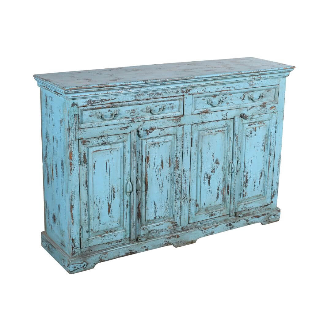 Antique Indian 1930s Teak Wood Kitchen Dresser Base – Distressed Blue Cupboard