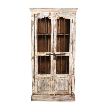 Vintage Indian Teak Wood Reclaimed Jali Door Cabinet – Distressed White Display Cupboard
