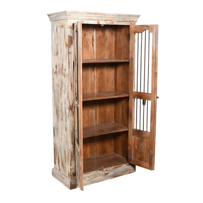 Vintage Indian Teak Wood Reclaimed Jali Door Cabinet – Distressed White Display Cupboard