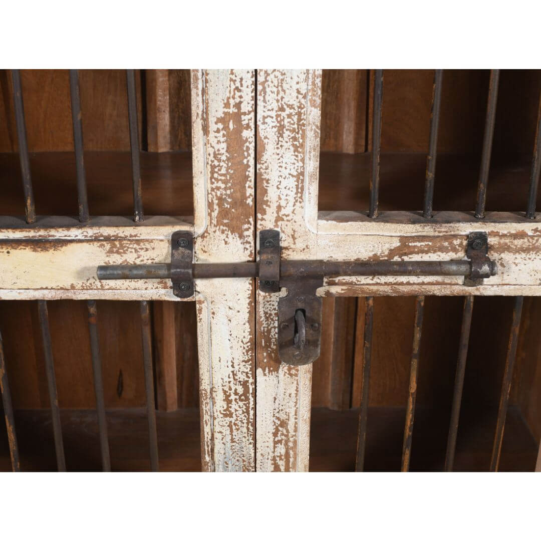 Vintage Indian Teak Wood Reclaimed Jali Door Cabinet – Distressed White Display Cupboard