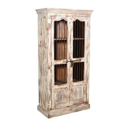 Vintage Indian Teak Wood Reclaimed Jali Door Cabinet – Distressed White Display Cupboard