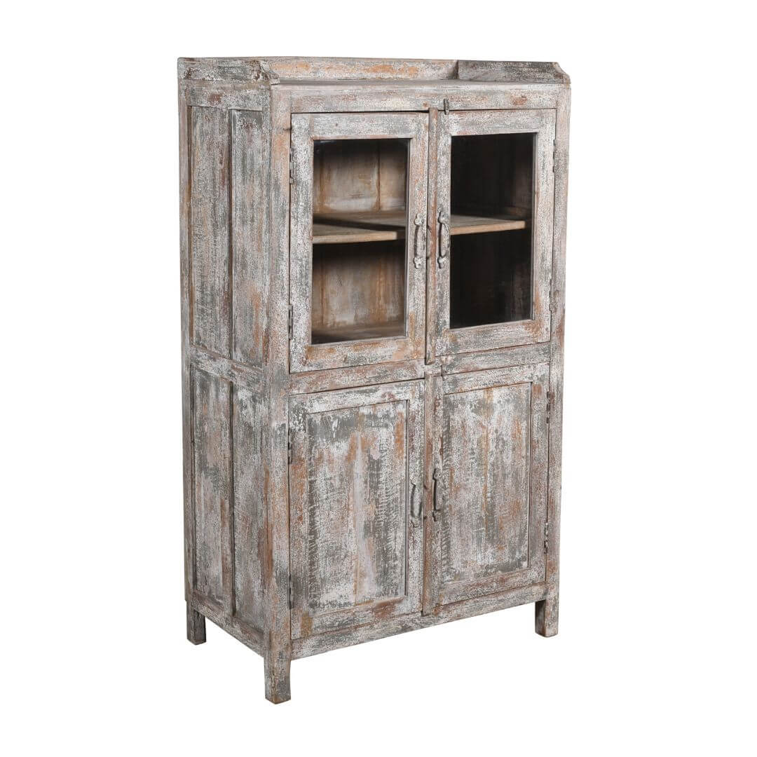Antique Indian Teak Wood Glass Almirah - 1920s Kitchen/Bathroom Cabinet