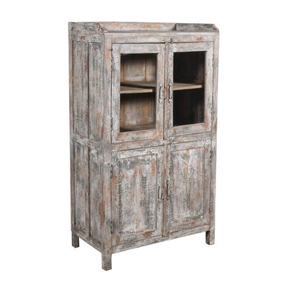 Antique Indian Teak Wood Glass Almirah - 1920s Kitchen/Bathroom Cabinet