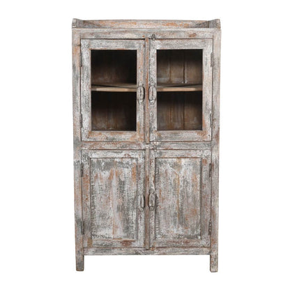 Antique Indian Teak Wood Glass Almirah - 1920s Kitchen/Bathroom Cabinet