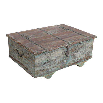 Antique Indian Teak Wood Surti Coffee Table Chest - 19th Century Blue